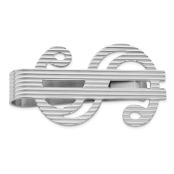 Rhodium Plated Sterling Silver Grooved Striped Dollar Sign Money Clip